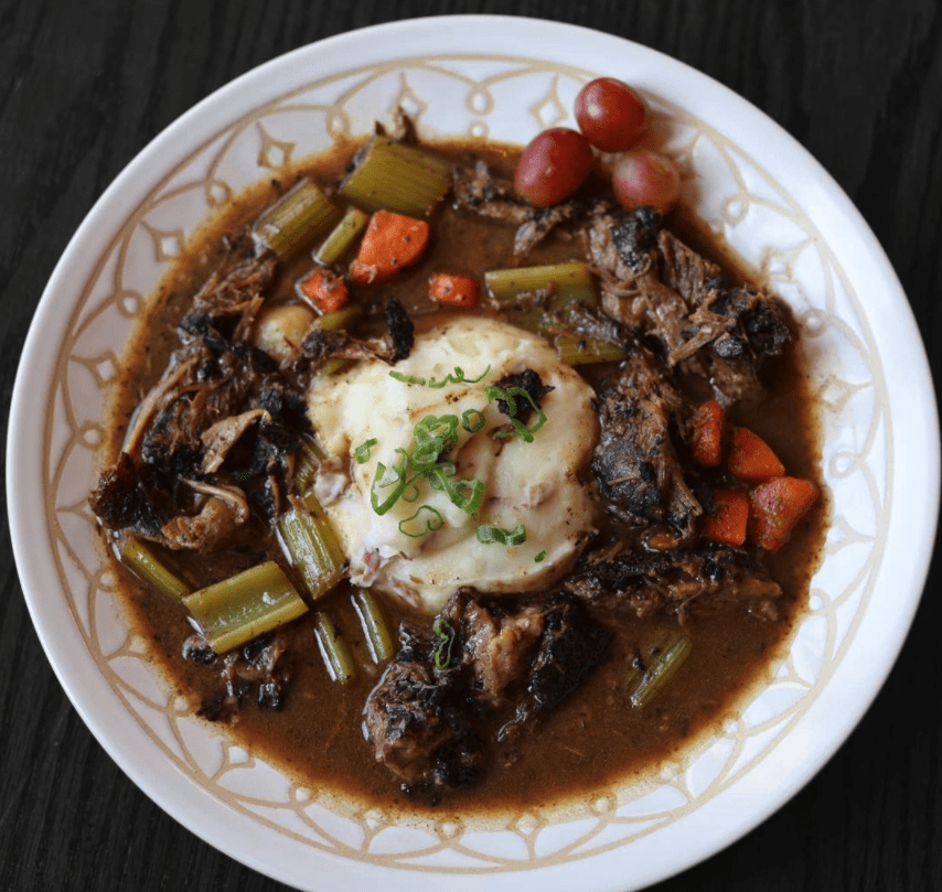 Chet's Irish stew is a comforting and warm dish served with a bed of mashed potatoes. (Courtesy)