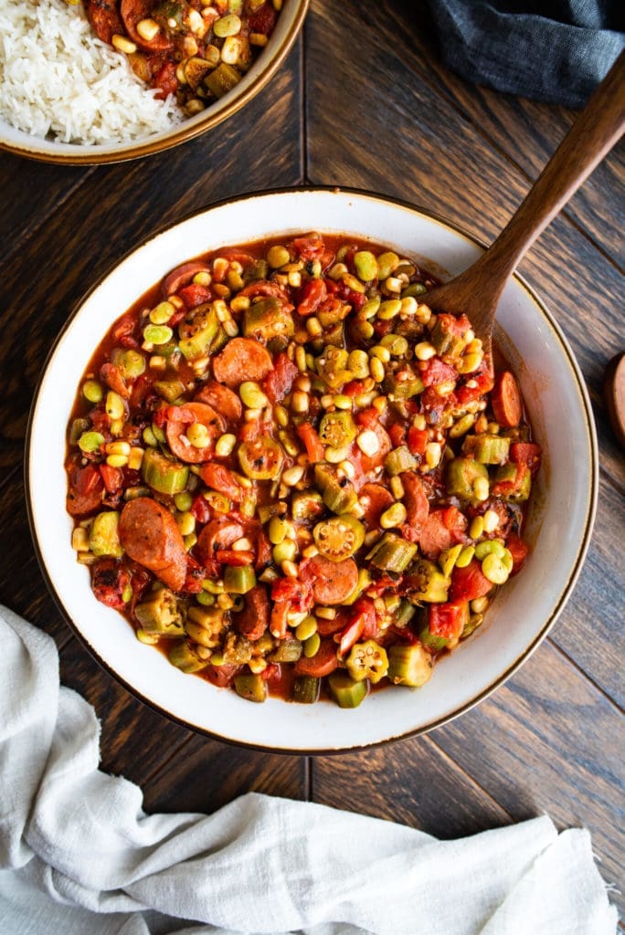 Eric and Shanna Jones' stewed okra and tomatoes with chicken sausage.
