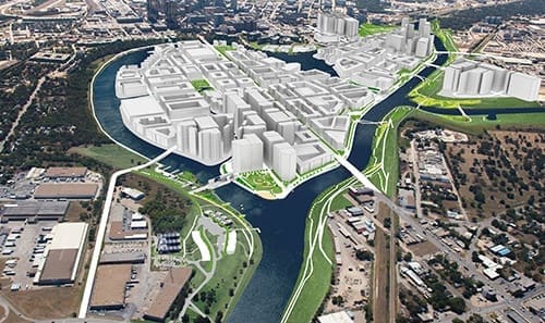 A rendering of potential future development after the island known as Central City is created by the bypass channel in the Trinity River plan.
