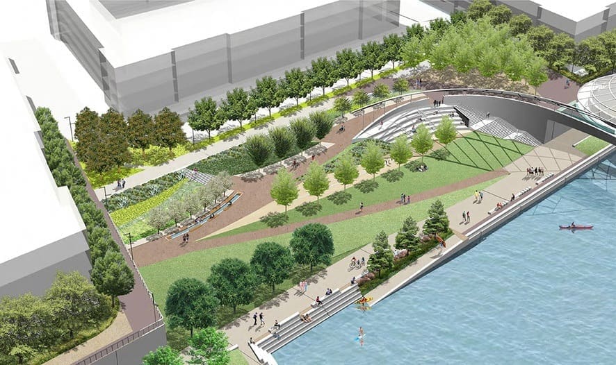 Rendering of potential park system access with pedestrian bridges.