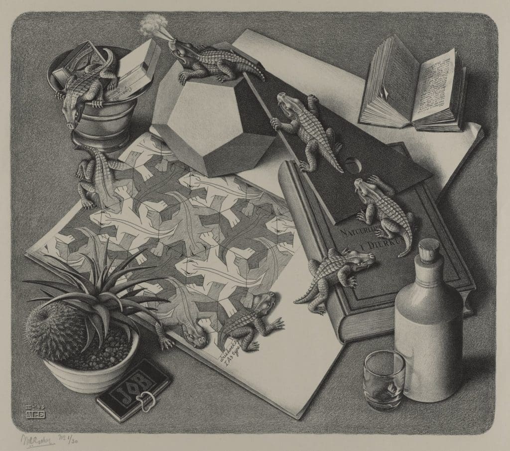 Escher's fascination with tesselated patterns emerges in the lithograph, Reptiles. 