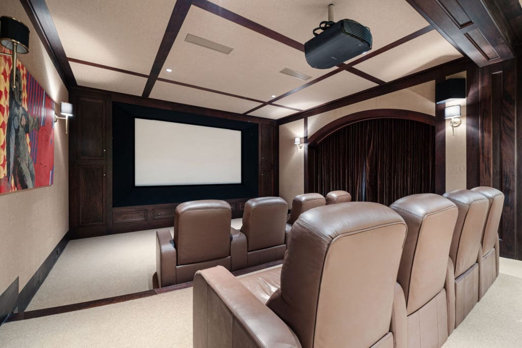 The movie theater in the 1722 River Oaks Boulevard home of Frances and Tony Buzbee. (Photo by Courtesy of Josh Gremillion for Douglas Elliman)