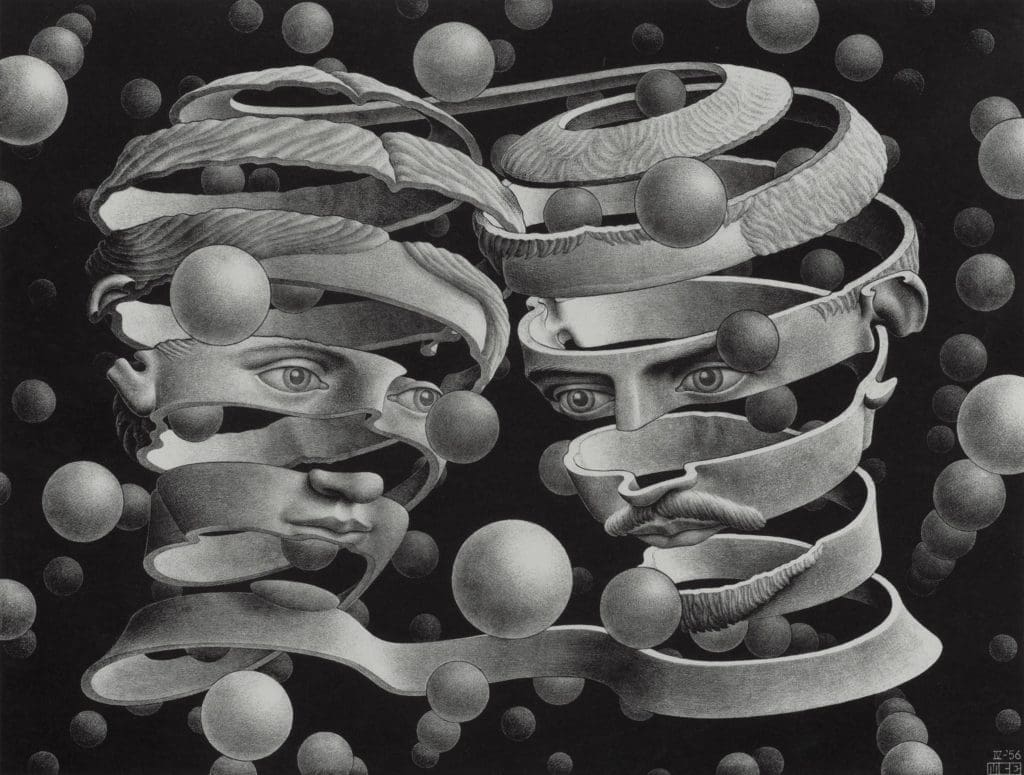 In Escher's woodcut, Bond of Union, 1956, two spirals converge in a futuristic realm, seemingly intertwining twin souls through the figurative representation of woman and head's head floating in a sea of spheres.
