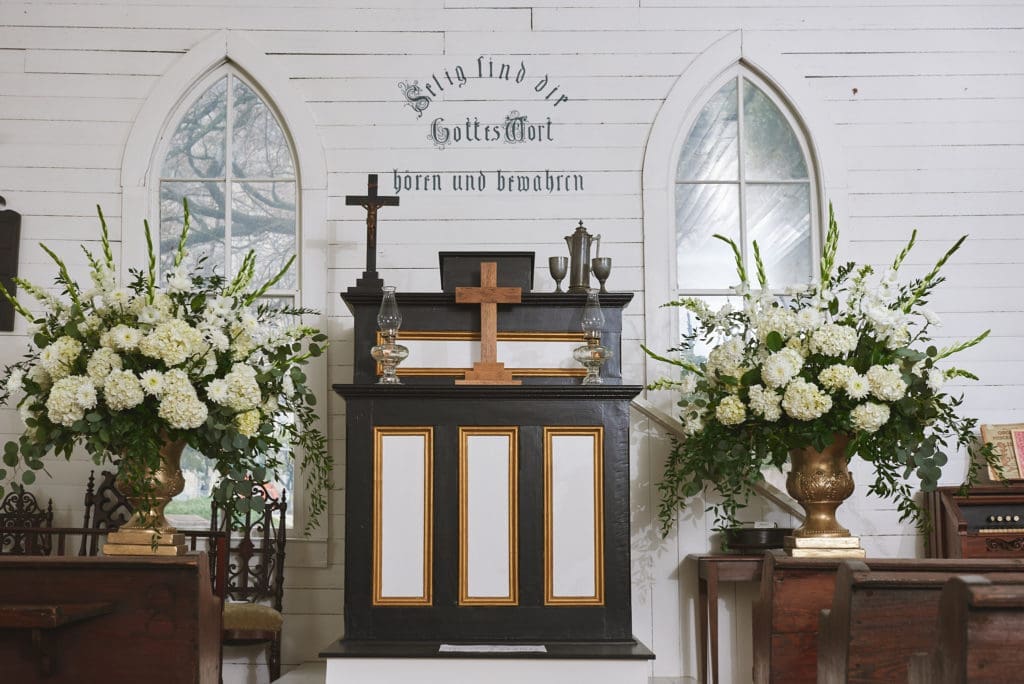The St. John Church decked out in wedding finery. The church was built by German and Swiss immigrant farmers in 1891, and saved by The Heritage Society in 1968.