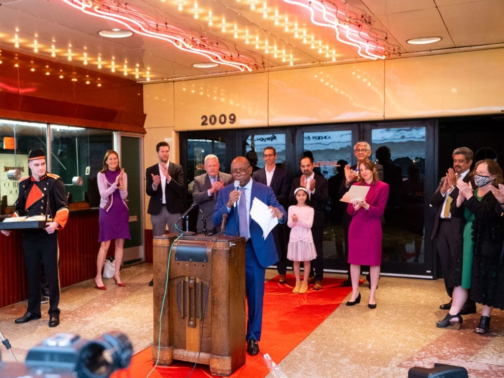 Mayor Sylvester Turner triumphed word of River Oaks Theatre's revival in Februray of 2022. (Photo by F. Carter Smith)