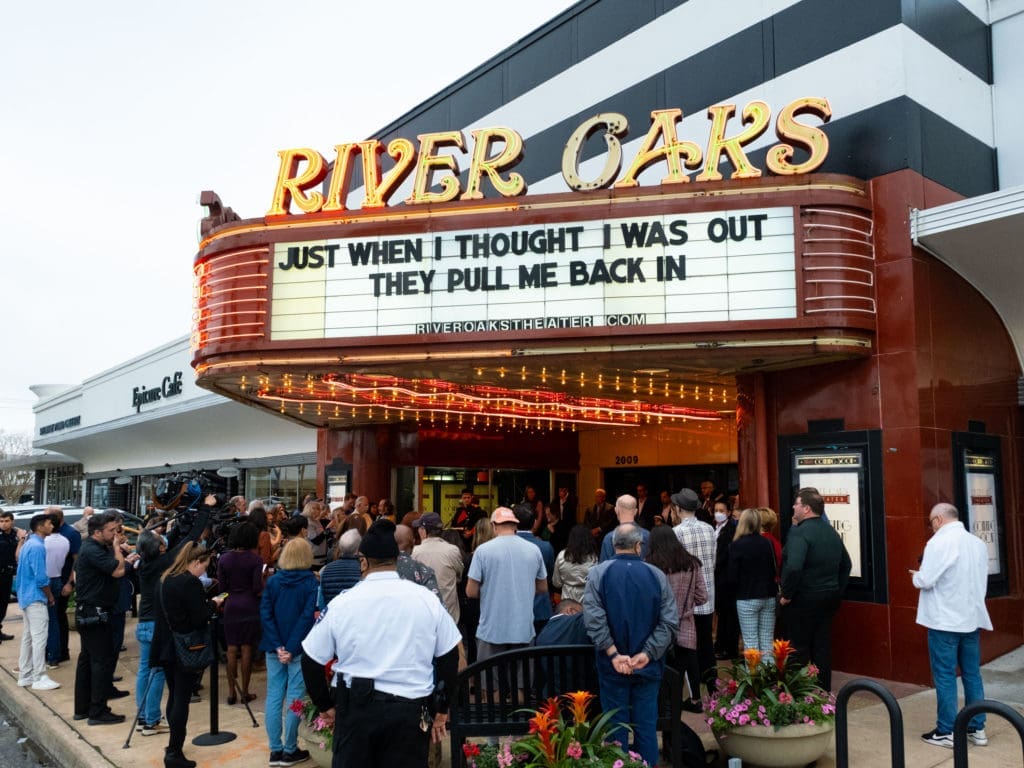 The announcement of River Oaks Theatre avoiding any chance of a wrecking ball brought out a crowd. (Photo by F. Carter Smith)