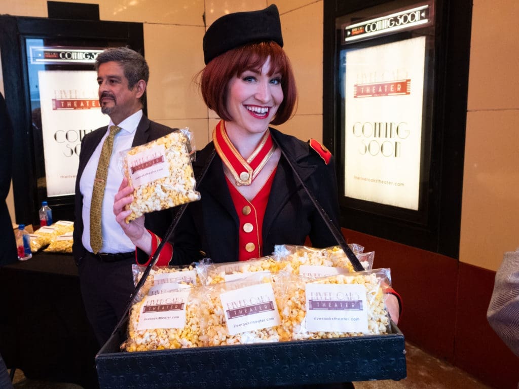 The impending return of River Oaks Theatre's movie showing days brought out plenty of fanfare. And popcorn. At the announcement in February of 2022.(Photo by F. Carter Smith)