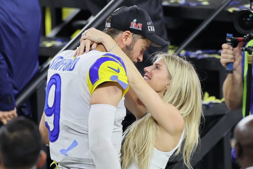 Matthew Stafford and his wife Kelly embraced after his long-awaited Super Bowl victory.
