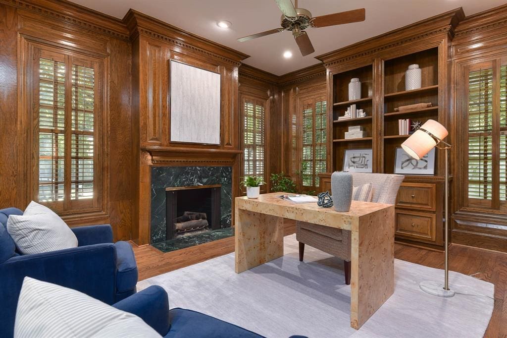 A warm office with enviable built-ins. 