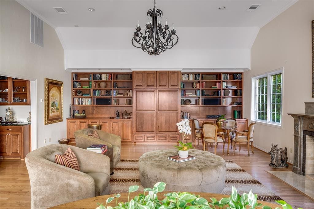 Handsome built-ins match the home's gleaming hardwood floors. 
