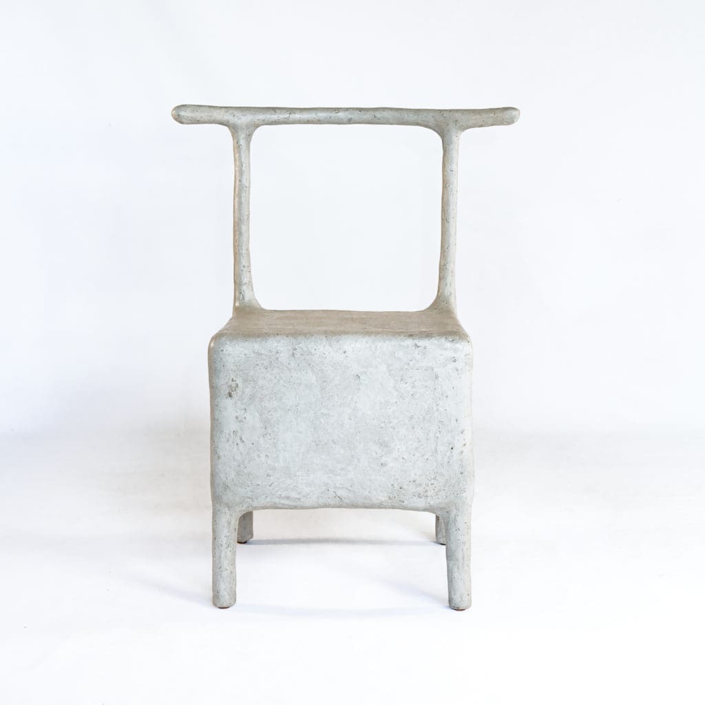 Daniel Lefkowitz's environmentally conscious, sculptural chairs are formed from recycled newspaper pulp, among the highlights of the artisanal American-made furniture collection presented by Mill Collective at The Halles, Round Top.