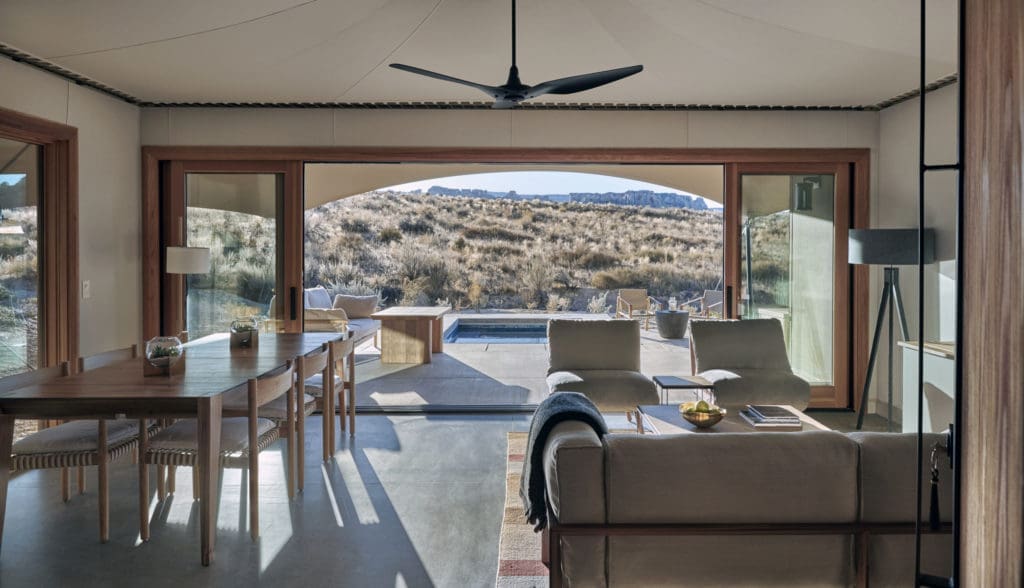 There are 10 one of two bedroom pavilions at Camp Sarika, all with living areas and ample space to spread out and stay awhile. (Photo courtesy of Amangiri)