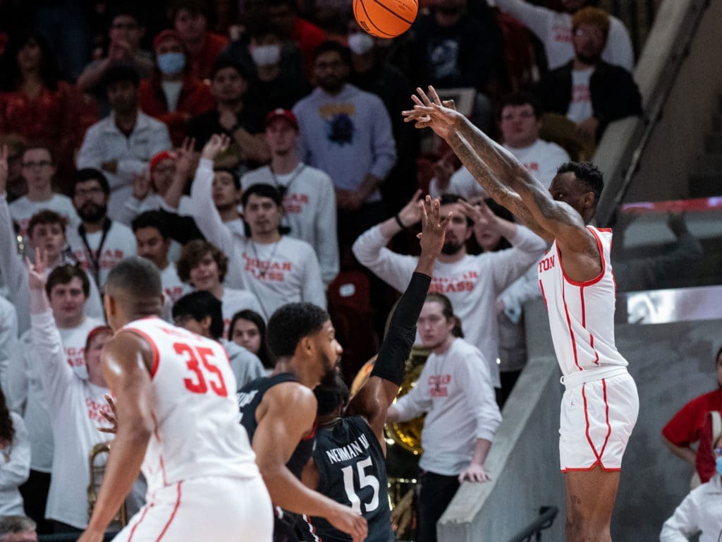 University of Houston wing Taze Moore has a knack for hitting monster 3-point shots. (Photo by F. Carter Smith)
