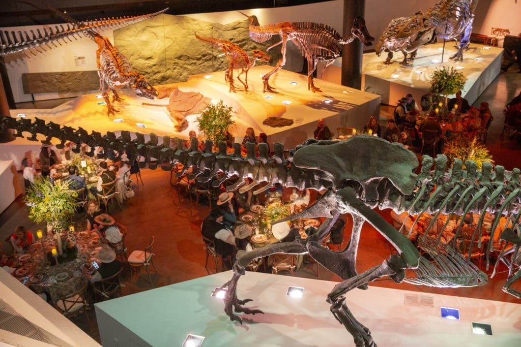 Guests dining in the Morian Hall of Paleontology at the Houston Museum of Natural Science The Great Outdoors gala (Photo by HMNS Photographer Mike Rathke)