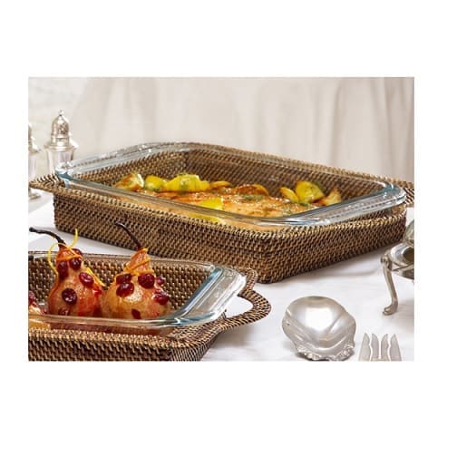 Easily transport casseroles with dishes by Juliska, Pyrex, Staub and Zwilling.