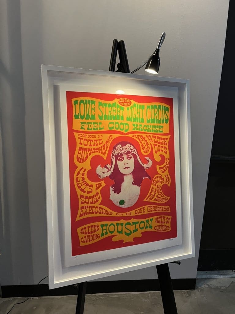 Original poster for the historic Love Street Light Circus Feel Good Machine by Houston artist and club founder, David Adicke. 