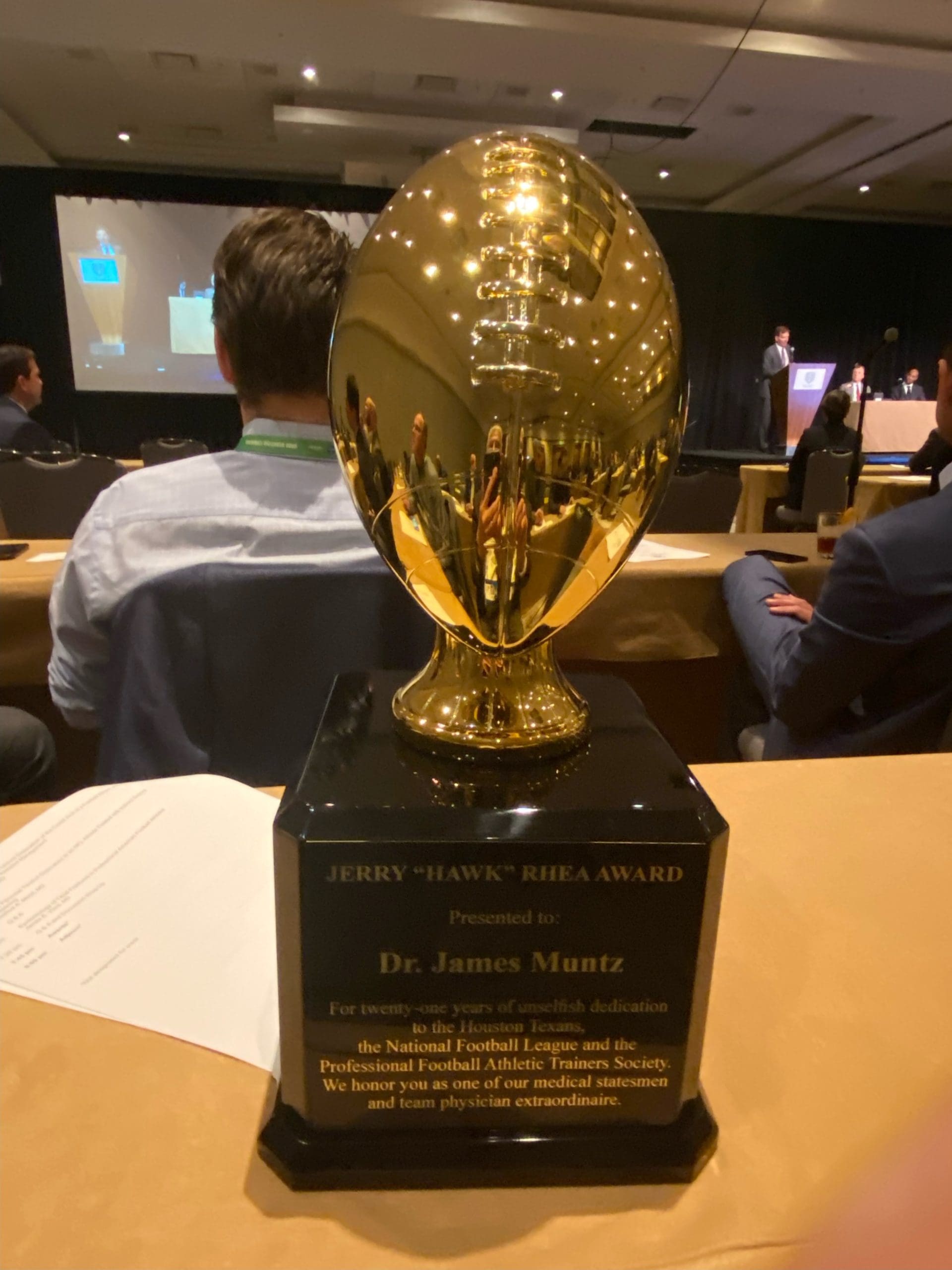 The trophy presented to Dr. Jim Muntz as the best NFL team physician of the year. (Courtesy photo)