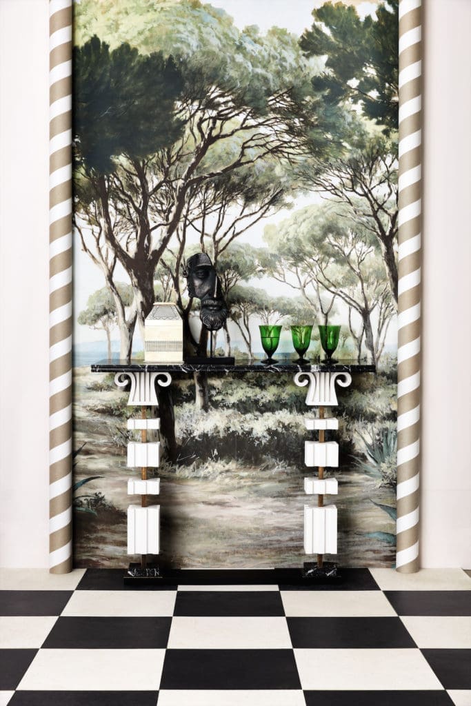 Vincent Darré x OKA Lyric Console Table, $5,195, crafted with wood, brass, and marble.