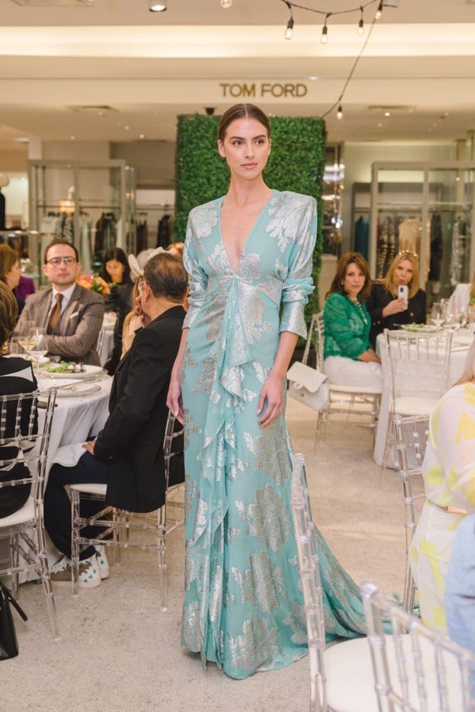 Naeem Khan teal and silver jacquard evening gown. (Photo by Johnny Than)