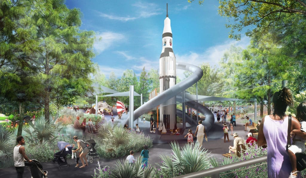 Herman Park Conservancy's $46.5 million improvement includes among the amid the 26 acres, a two-acre Play Park featuring a 45-foot high space capsule. (Renderings courtesy of Hermann Park Conversancy)