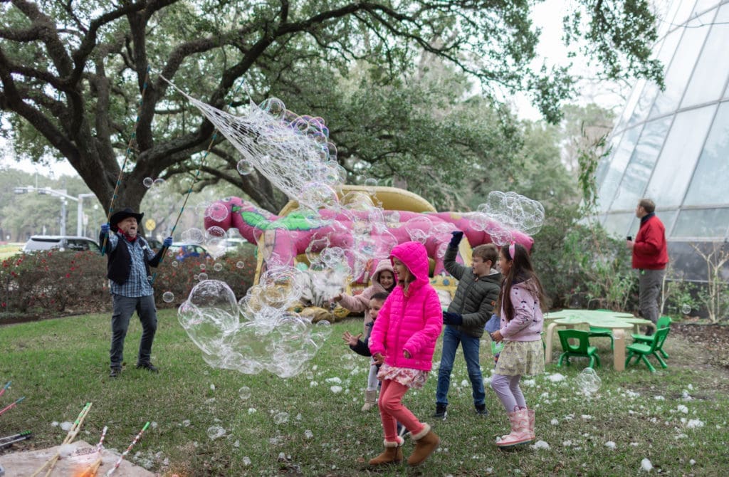 Giant bubble play was one of the highlights at the Houston Museum of Natural Science Critter Crawl: A Butterfly Flutter & Bug Bash.