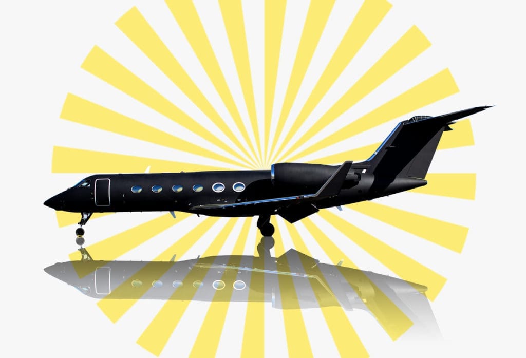 The ever-so-chic all-matte black Gulfstream IV (photo courtesy of Leviate Air Group, graphic by PaperCity)