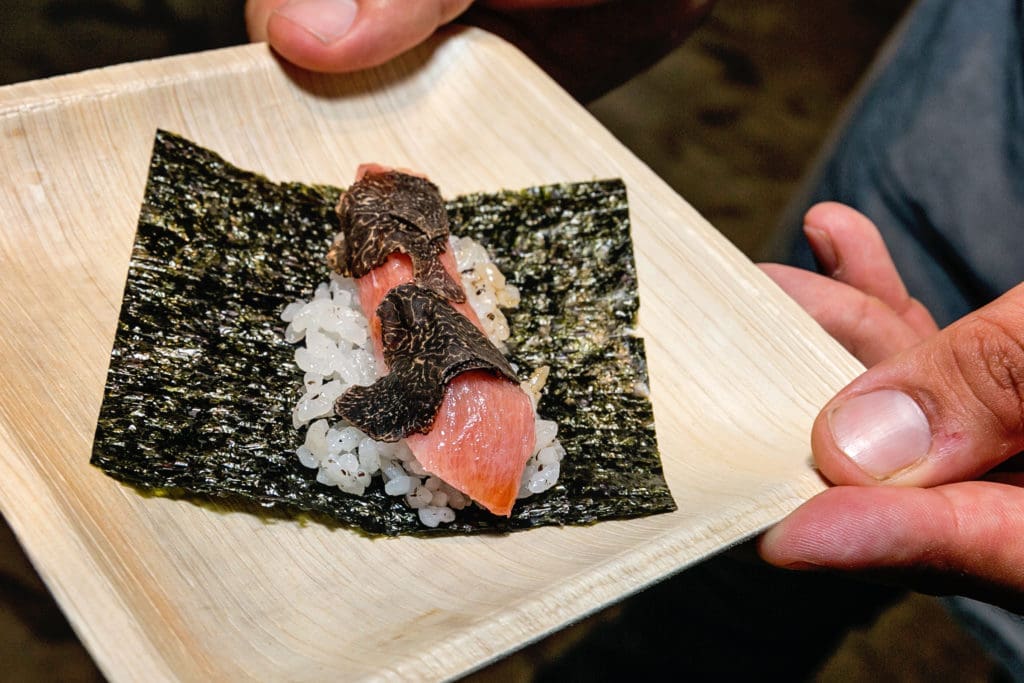 The People's Choice award went to Kata Robata and chef Manabu Horiuchi, who created a truffle and fatty tuna hand roll with mushroom sushi rice. (Photo by Emily Jaschke, zenfolio.com)