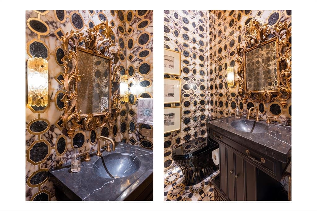 An ornate powder bathroom may be a remnant from the 1970s. 