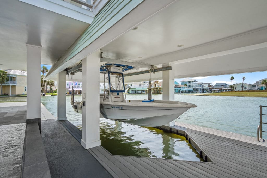 Two boat houses at 16502 Bayfront Drive in Jamaica Beach (Photo by Sonya Bertolino for Douglas Elliman Realty)
