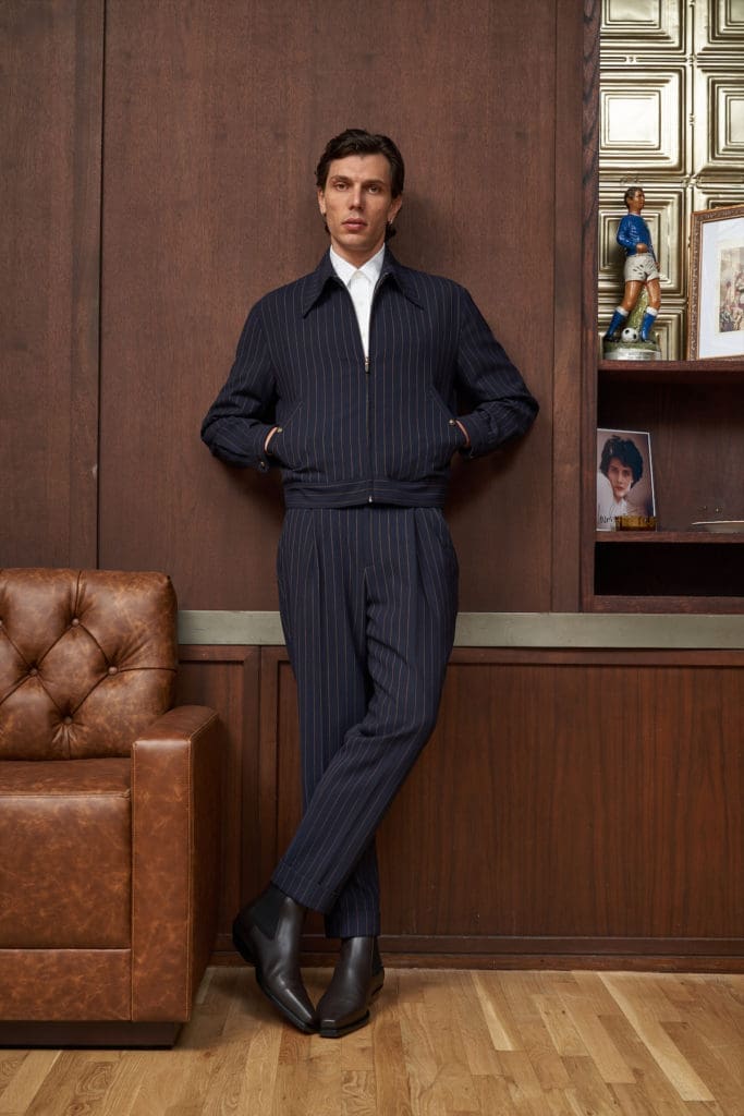 The Leisure Jacket ($450) and Trouser ($375) in navy and rust. 