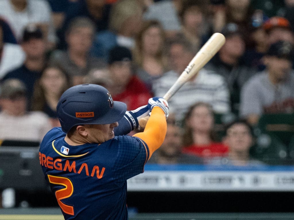 The Astros' already hugely popular Space City uniforms look even better when Alex Bregman is swinging well. (Photo by F. Carter Smith)