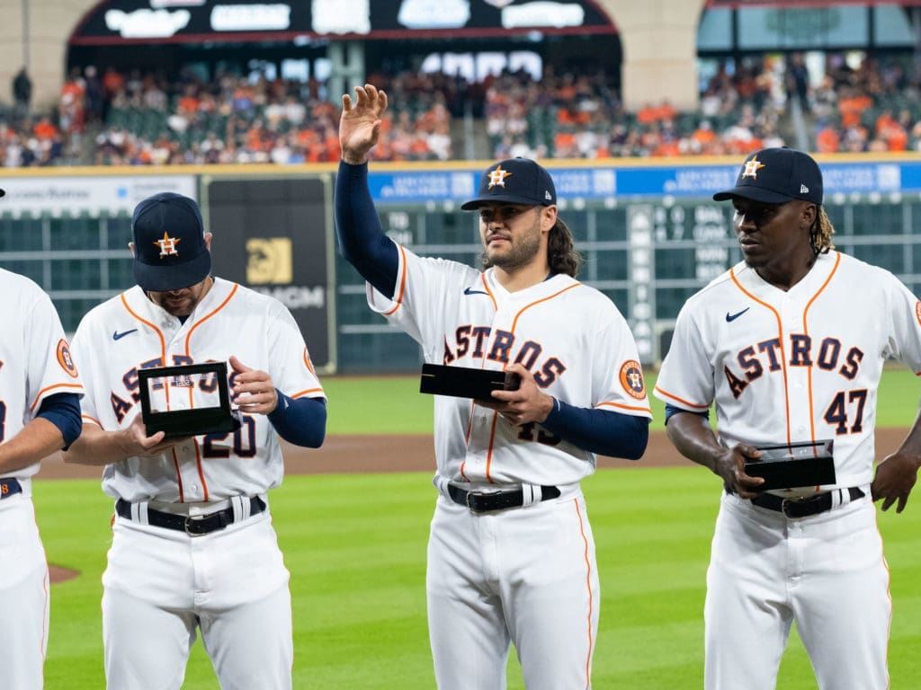Lance McCullers Jr. is on the 60 day injured list, but he still received plenty of love from Astros fans on ring night. (Photo by F. Carter Smith)