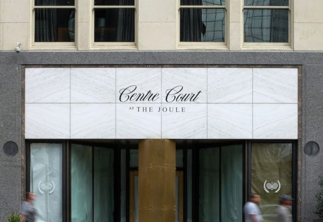The Main Street space — situated between Traffic LA and The Joule — was designed to evoke a country club, with ivy-covered walls and neon court lines.