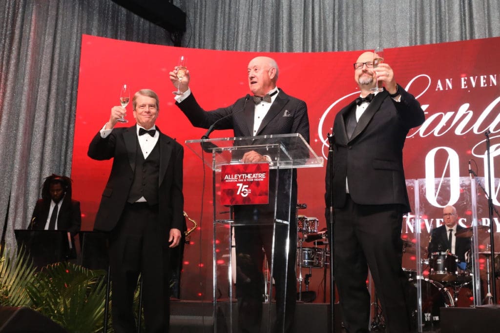 Alley Theatre managing director Dean Gladden, board president Ken Kades, and artistic director Rob Melrose lead the throng at the theater's 75th anniversary. (Photo by Priscilla Dickson)