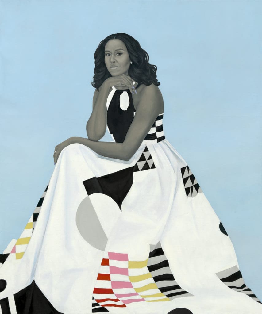 Michelle LaVaughn Robinson Obama, 2018, by Amy Sherald, oil on linen, National Portrait Gallery, Smithsonian Institution. (Photo courtesy of Museum of Fine Arts, Houston)