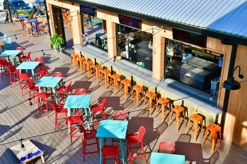 A view from above, Patterson Park's patio is a dog-friendly space with a changing array of food trucks that drive up daily and beer, wine and cocktails..  Photo by Alex Montoya.