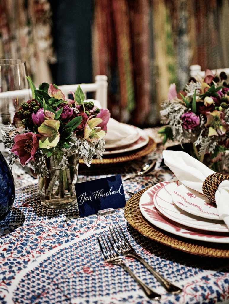 Spring place setting at James Showroom with Penny Morrison fabric 