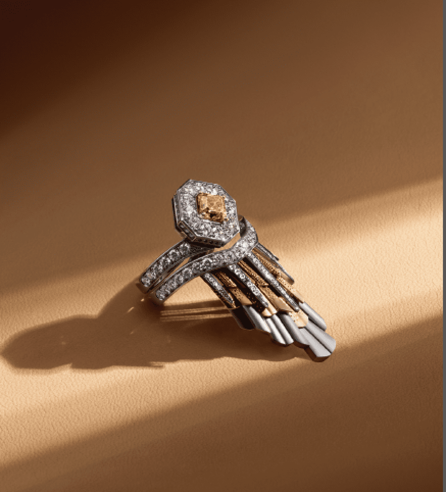 The Light Rays ring from De Beers Jewellers features sun-like rays fashioned from titanium, the jeweler's first.