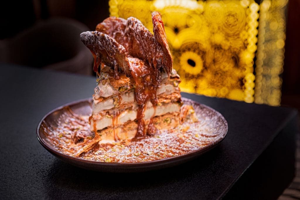 The Campechana at The Mexican is made with Häagen-Dazs vanilla ice cream, pistachio, and flakey sweet pastry, then topped with cajeta quemada. 