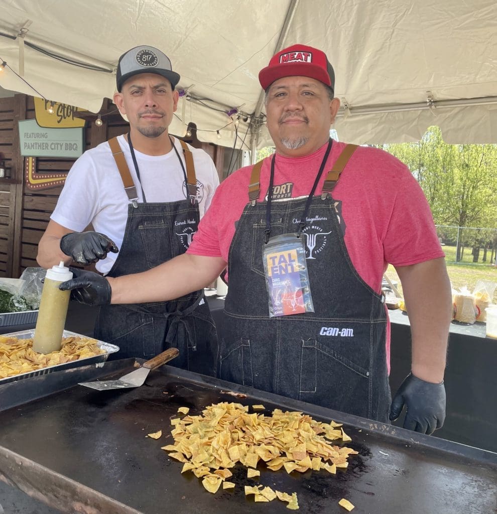 Texas Monthly No.10 - Panther City BBQ co-owners Chris Magallanes and Ernest Morales at Culinary Corral. Photo by Courtney Dabney.