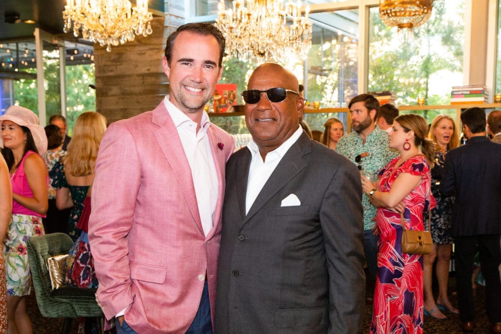 Shawn Cloonan, the Rev. Harvey Clemons Jr. at the Buffalo Bayou Partnership Cocktails in Bloom fundraiser at Flora (Photo by Lawrence Elizabeth Knox)