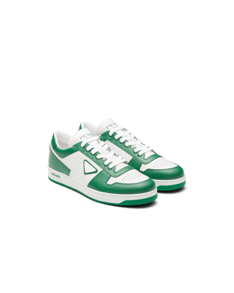 Prada Uomo downtown leather sneakers in green/white, $950, available at Neiman Marcus NorthPark