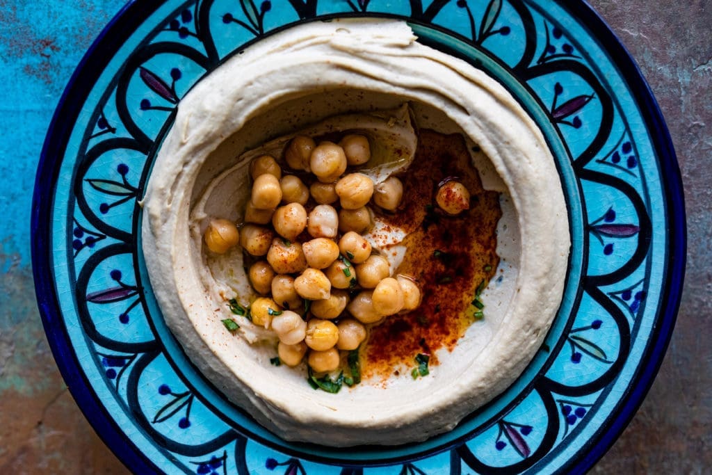 This is the Hummus Complet, one of three varieties of silky smooth hummus  on the menu at the new Hamsa. (This one is studded with chick peas, too)  (Photo by Kirsten Gilliam)