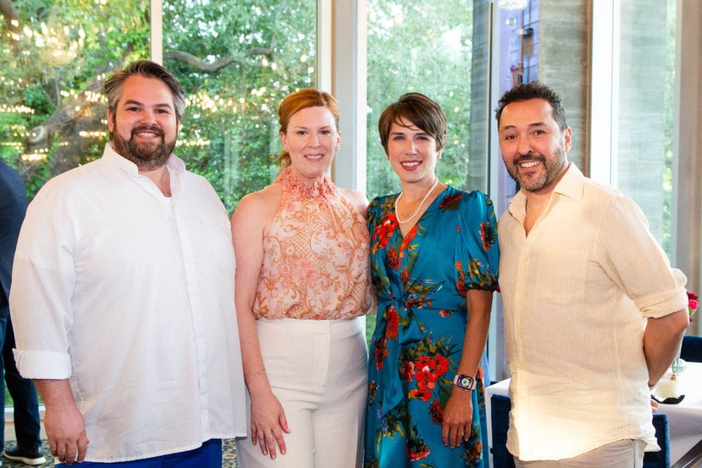 Alex de Aguiar Reuter, Carey Kirkpatrick, Megan Ryan, Jorge Garza at the Buffalo Bayou Partnership Cocktails in Bloom fundraiser at Flora (Photo by Lawrence Elizabeth Knox)