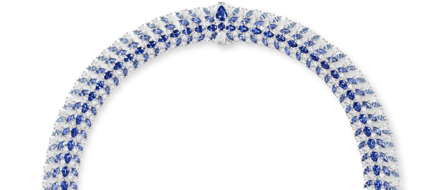 Harry Winston Blue Python necklace from the Marvelous Creations Collection with blue sapphires and diamonds, set in platinum.