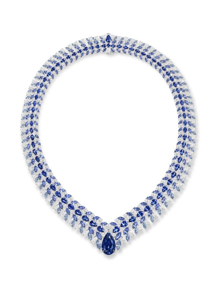 Harry Winston Blue Python necklace from the Marvelous Creations Collection with blue sapphires and diamonds, set in platinum.