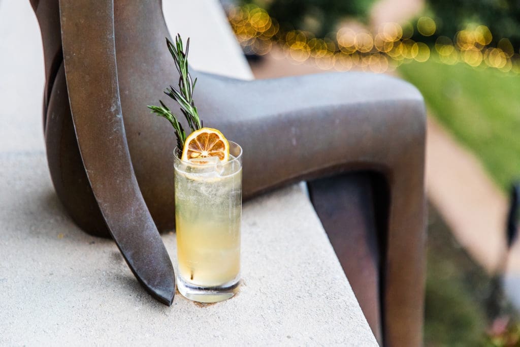 The collection of seasonal craft cocktails is named after the outdoor sculptures poised on the grounds of La Colombe d'Or including this one called Mountain of Light. (Photo by Rebecca Wright)
