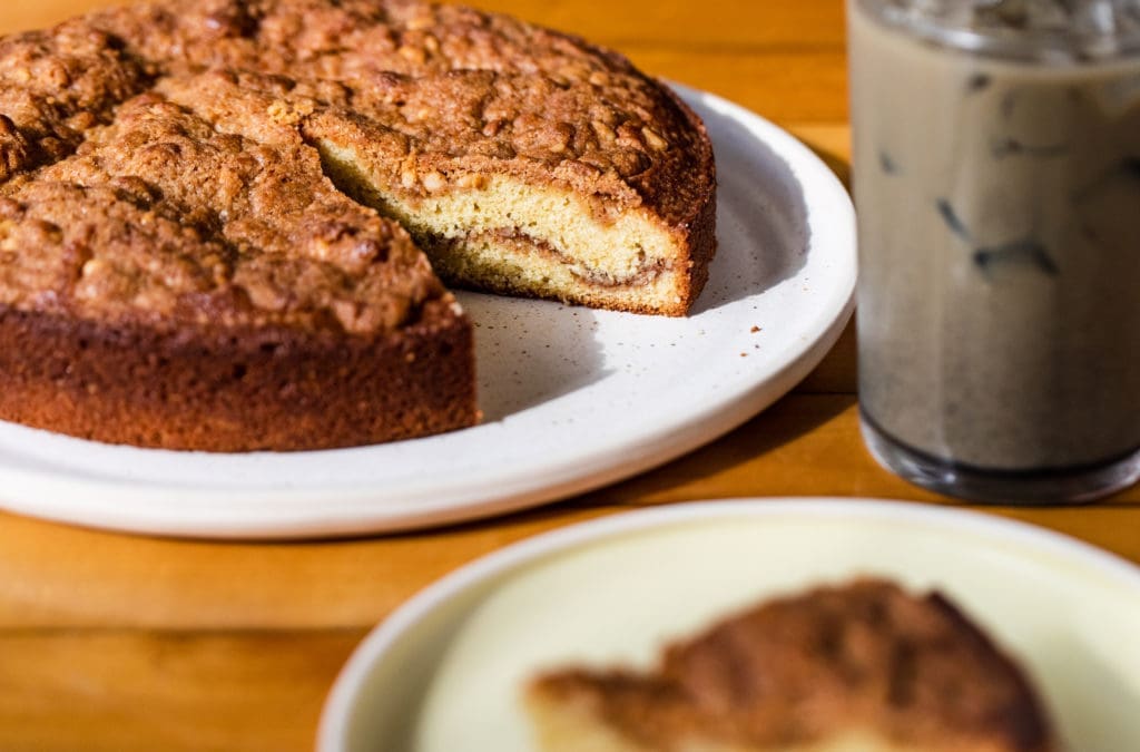 Pictured is the pine nut coffee cake paired with a black sesame latte.  (Photo by Becca Wright)