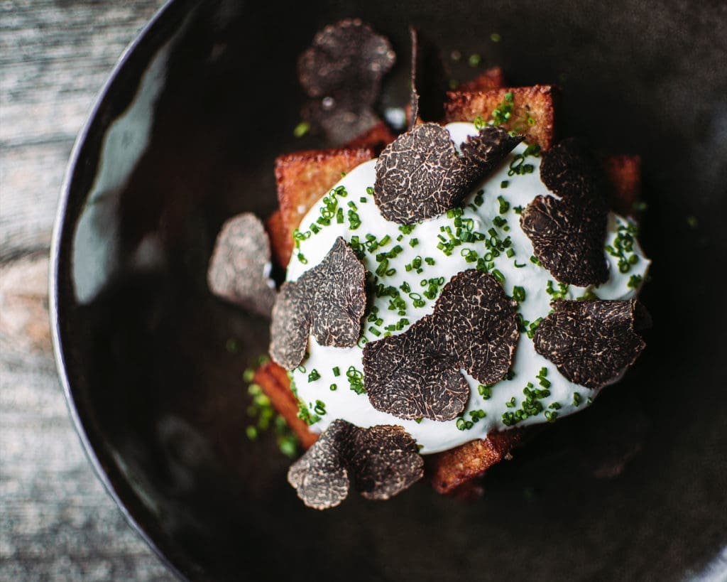Garrison's tater tots are made with aerated gruyère cheese and black truffle. 