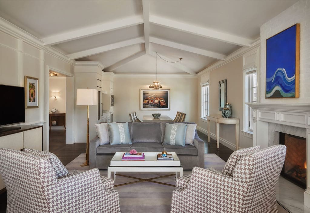 The living room of a Grand Bungalow at Rosewood Miramar Beach.